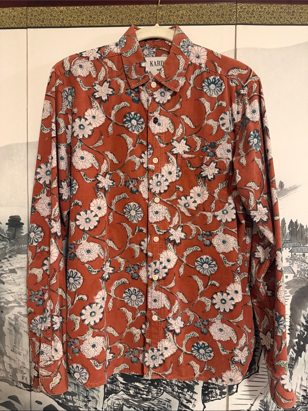 Kardo Men's Corduroy Rust Floral Button-Down Shirt with Teal Accents - S